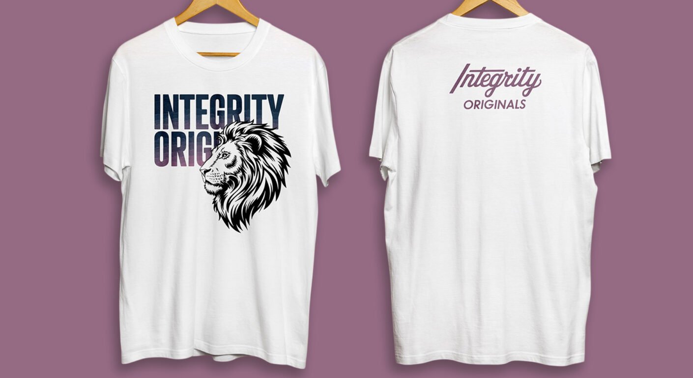 White t-shirt mockup featuring a lion graphic and Integrity Originals typography on front and back views.