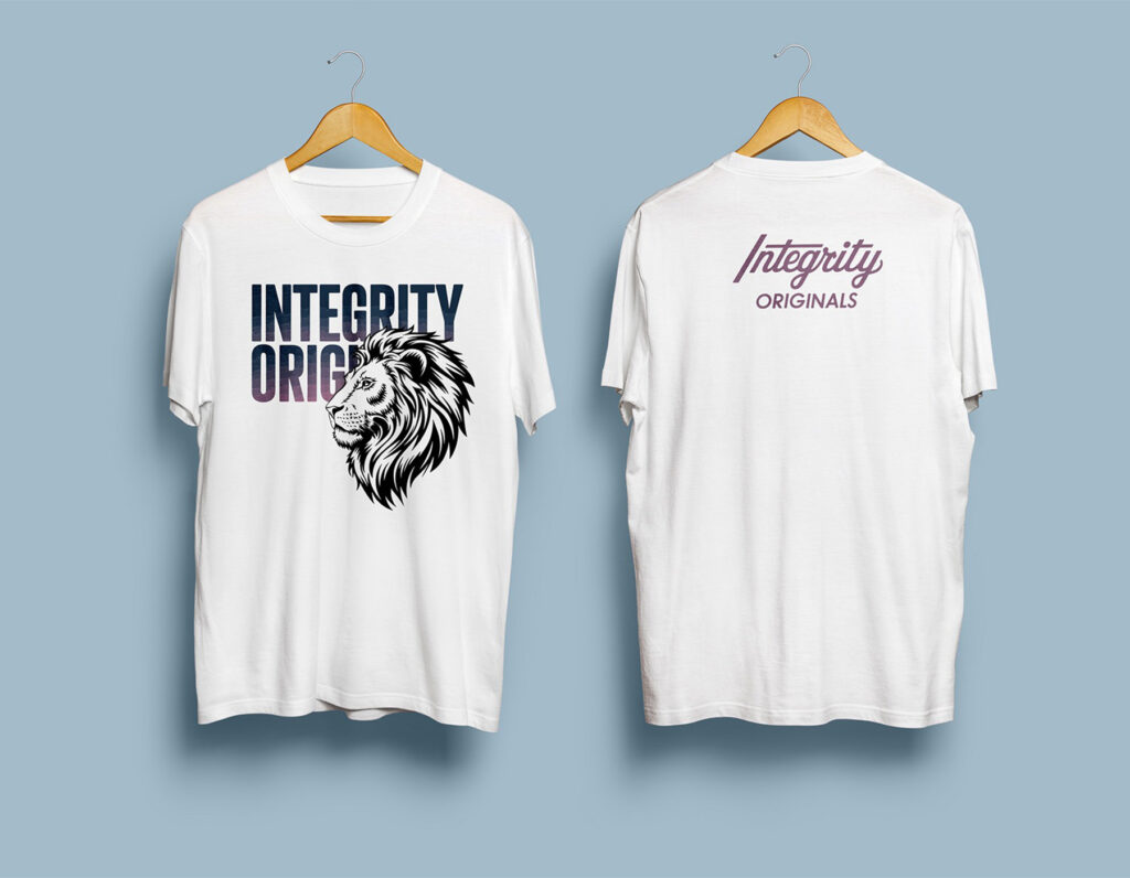 Custom graphic t-shirt design with lion illustration and typography.