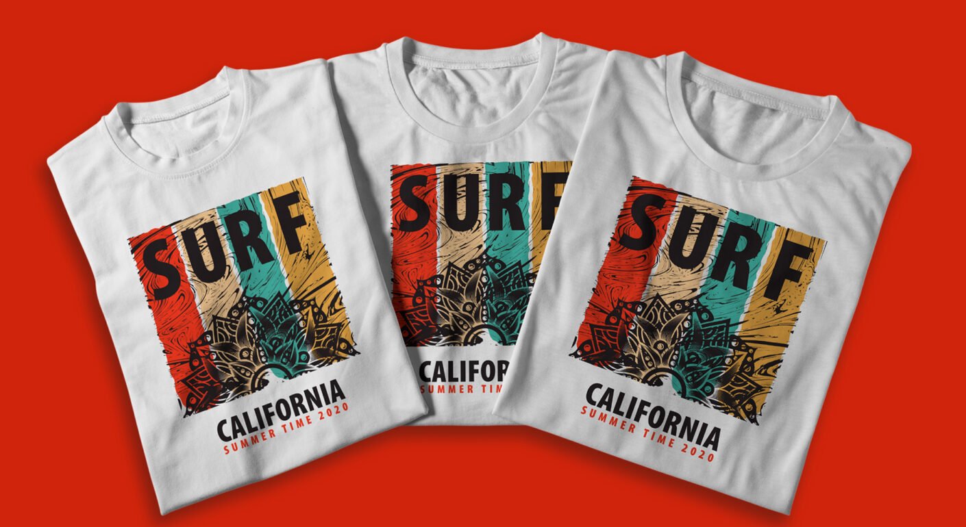 Three white t-shirts featuring a colorful Surf California graphic design displayed on a red background.